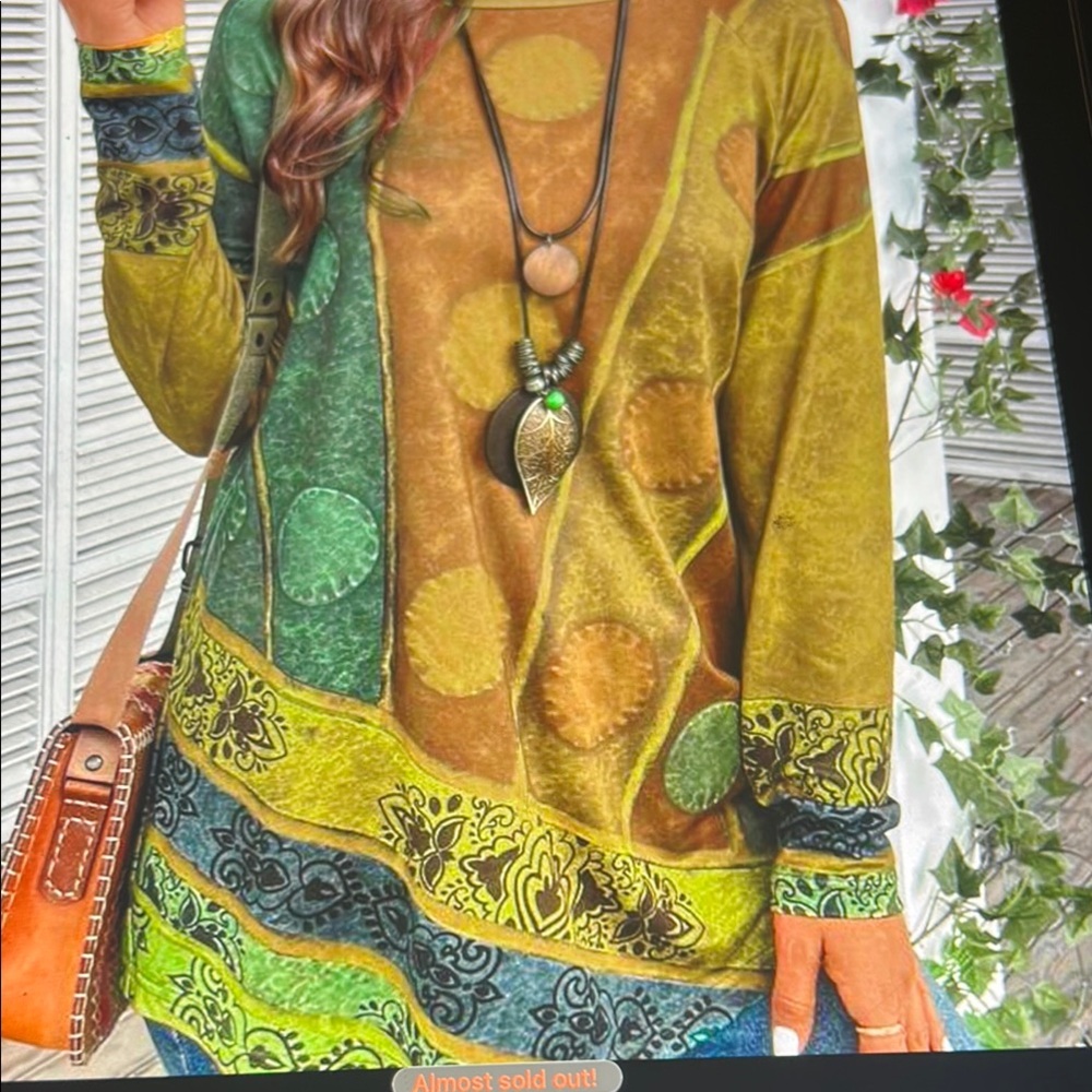 070. Bohemian Green and Brown Long Sleeve Top
